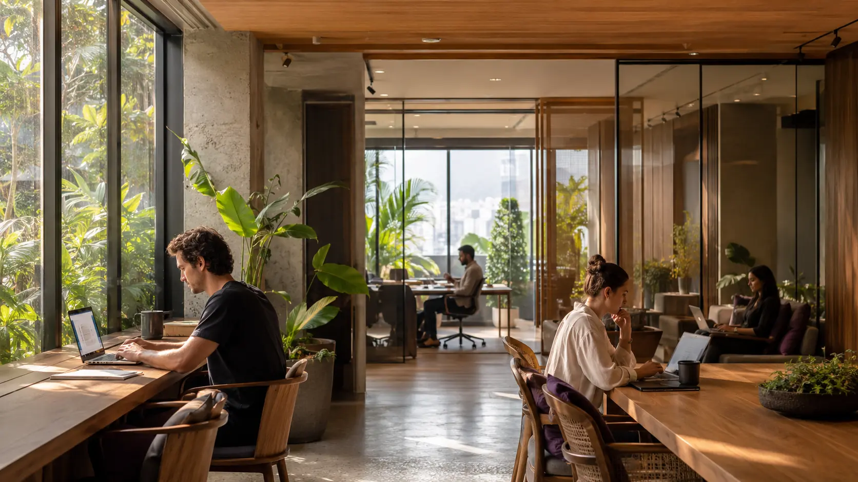 A calm, naturally lit Vee Hive-style co-working interior